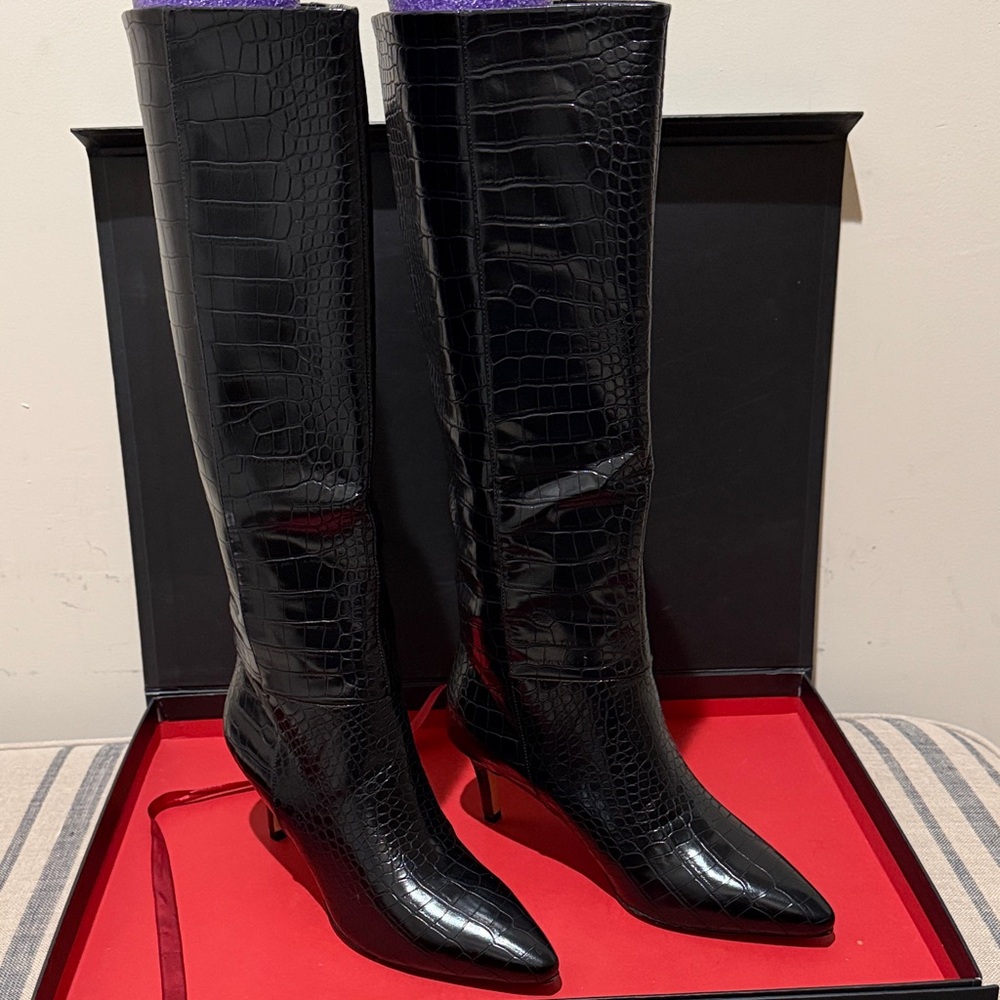 WETKISS Elegant Vegan Leather Black Croc-Embossed Heeled Boots